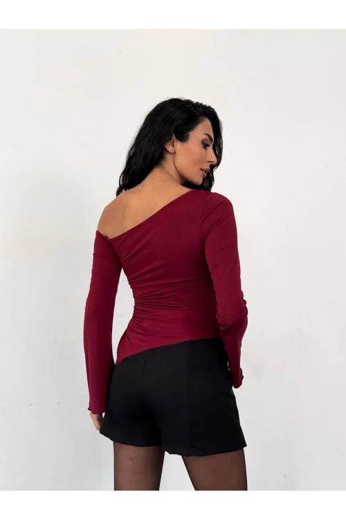 Kadın Bordo Asimetrik Kesim İspanyol Kol Beli Büzgülü Sandy Bluz HZL25W-FRY123591
