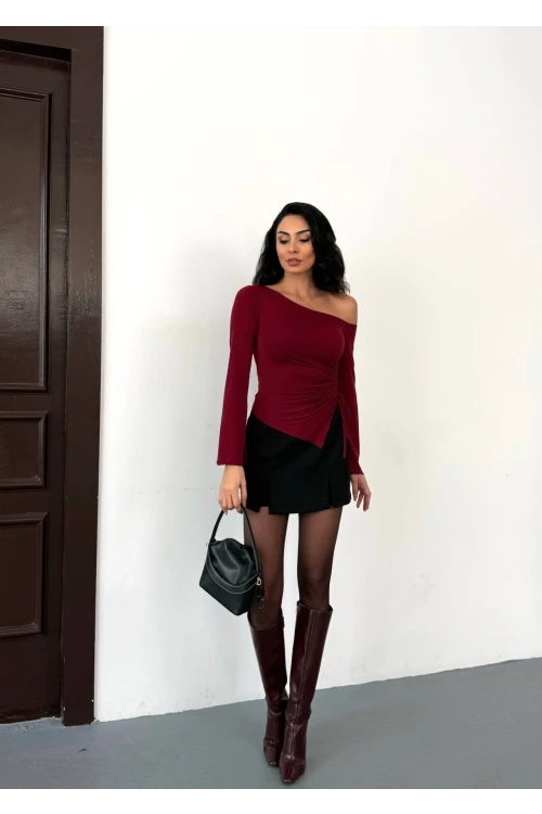 Kadın Bordo Asimetrik Kesim İspanyol Kol Beli Büzgülü Sandy Bluz HZL25W-FRY123591