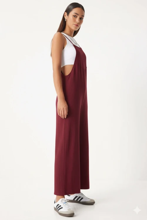 Kadın Bordo Ayarlanabilir Askılı Cepli Bol Paça Bahçıvan Tulum Hzl22s-bd170191