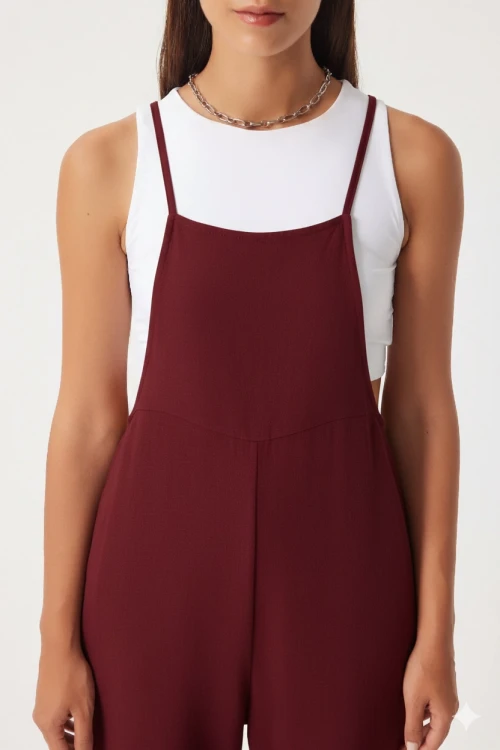 Kadın Bordo Ayarlanabilir Askılı Cepli Bol Paça Bahçıvan Tulum Hzl22s-bd170191