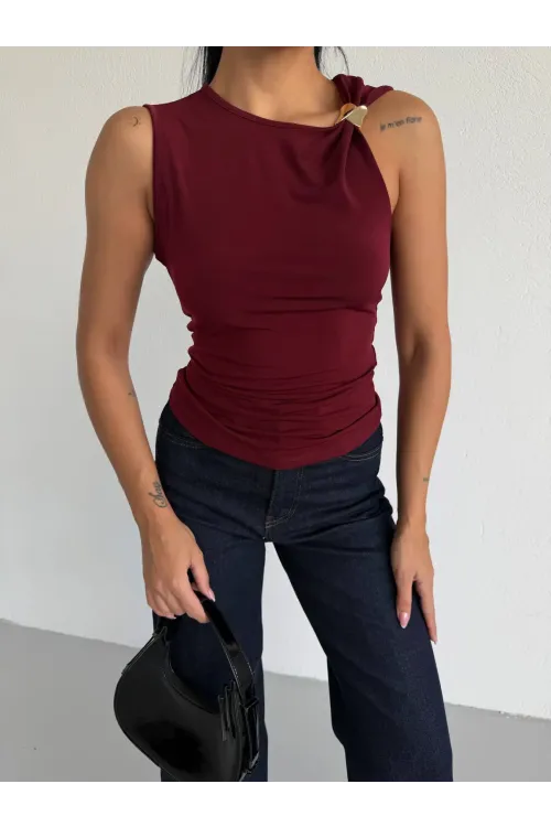 Kadın Bordo Gold Tokalı Omuz Detaylı Sandy Bluz HZL26W-FRY123761