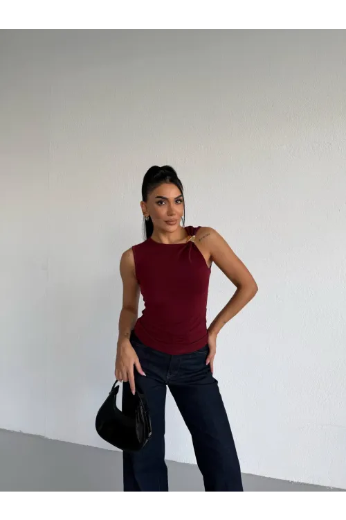 Kadın Bordo Gold Tokalı Omuz Detaylı Sandy Bluz HZL26W-FRY123761