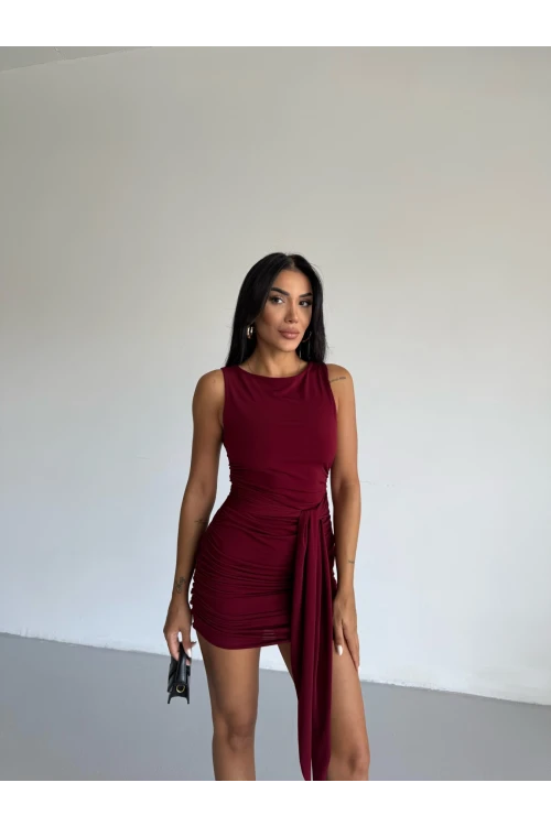 Kadın Bordo Bisiklet Yaka Sıfır Kol Kuşaklı Elbise HZL25S-FRY123221