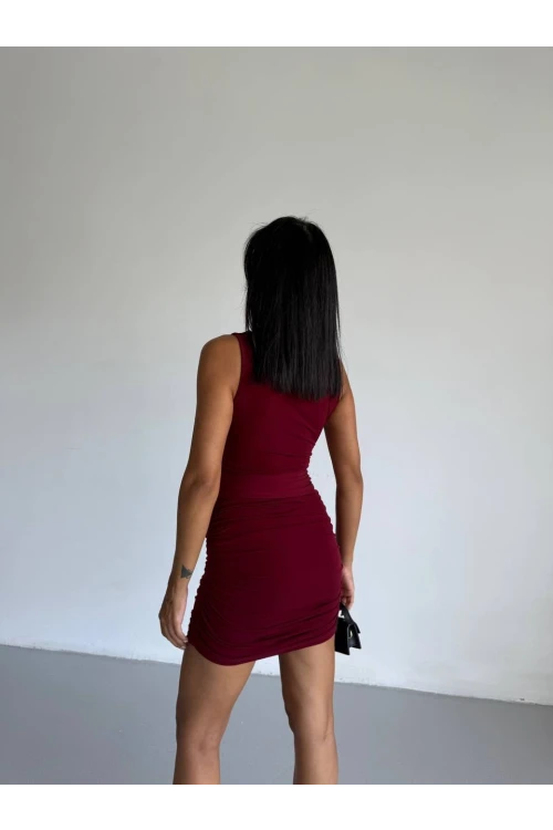 Kadın Bordo Bisiklet Yaka Sıfır Kol Kuşaklı Elbise HZL25S-FRY123221