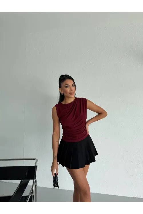 Kadın Bordo Büzgülü Kolsuz Sandy Bluz HZL26W-FRY122751