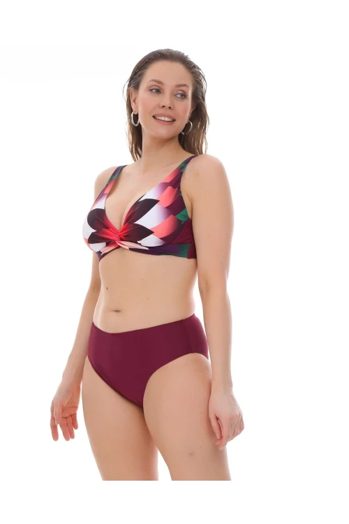Kadın Bordo Çok Renkli Yüksel Bel Astarlı Bikini Takımı HZL25S-LC22315