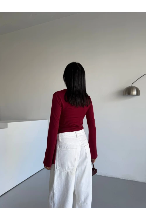 Kadın Bordo Drape Detaylı İspanyol Kol Sany Bluz HZL25W-FRY123431