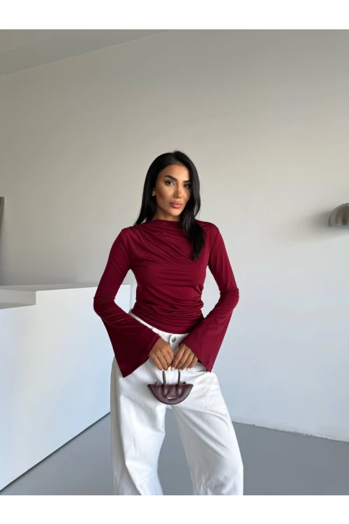 Kadın Bordo Drape Detaylı İspanyol Kol Sany Bluz HZL25W-FRY123431