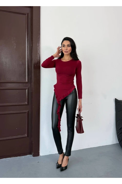Kadın Bordo Fırfır Detaylı Uzun Kol Asimetrik Bluz HZL25W-FRY123621