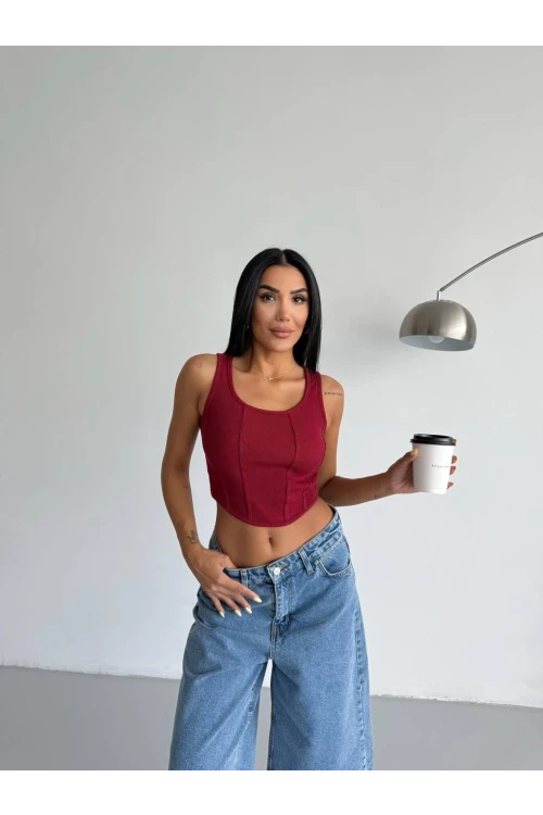 Kadın Bordo Fitilli Kaşkorse Crop Bluz HZL25S-FRY123171