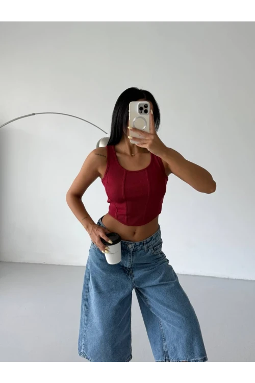 Kadın Bordo Fitilli Kaşkorse Crop Bluz HZL25S-FRY123171