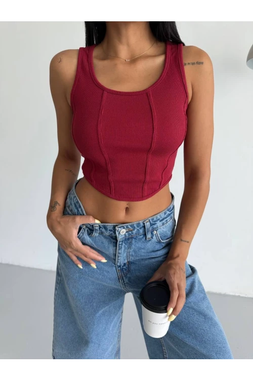 Kadın Bordo Fitilli Kaşkorse Crop Bluz HZL25S-FRY123171