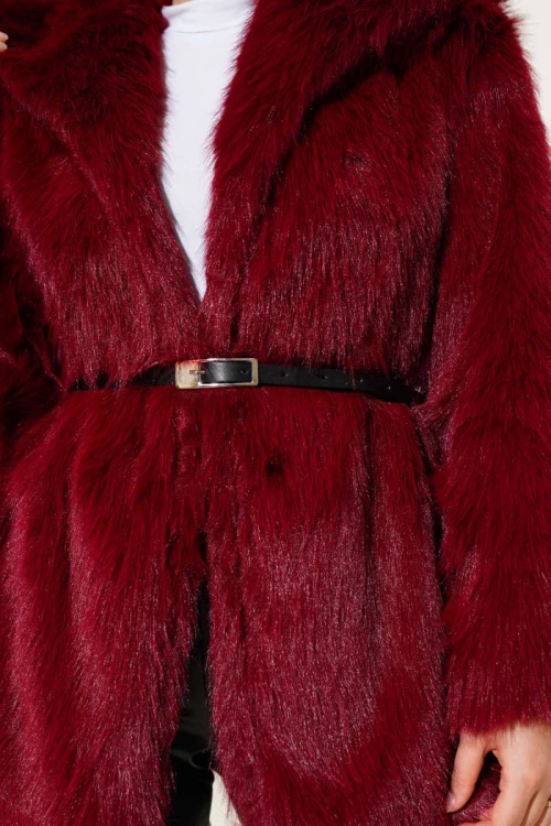 Kadın Bordo Kemer Detaylı Astarlı Peluş Kürk Mont HZL25W-BD191561