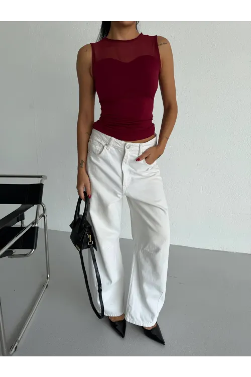 Kadın Bordo Kolsuz Likralı Tül Detay Sandy Bluz HZL26W-FRY123721