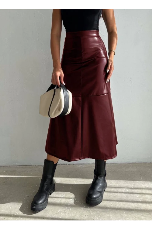 Kadın Bordo Midi Boy Fermuar Kapamalı Suni Deri Etek  HZL25W-FRY121651