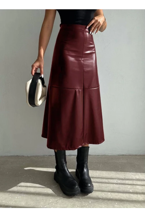 Kadın Bordo Midi Boy Fermuar Kapamalı Suni Deri Etek  HZL25W-FRY121651