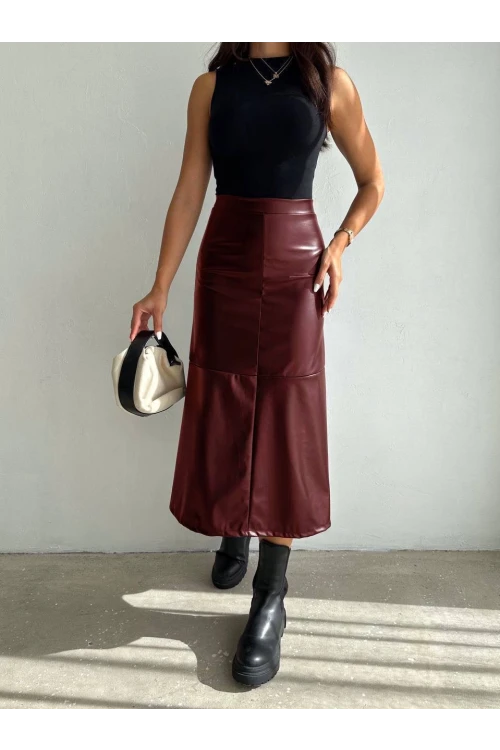 Kadın Bordo Midi Boy Fermuar Kapamalı Suni Deri Etek  HZL25W-FRY121651