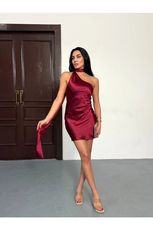 Kadın Bordo Omuz Ve Sırt Dekolteli Saten Kumaş Mini Elbise HZL26W-FRY123611