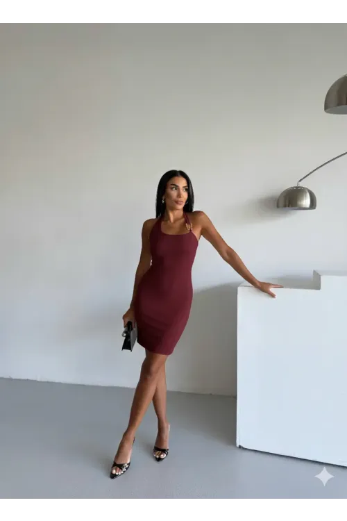 Kadın Bordo Ottoman Kumaş Halter Yaka Toka Detay Elbise HZL26W-FRY123411