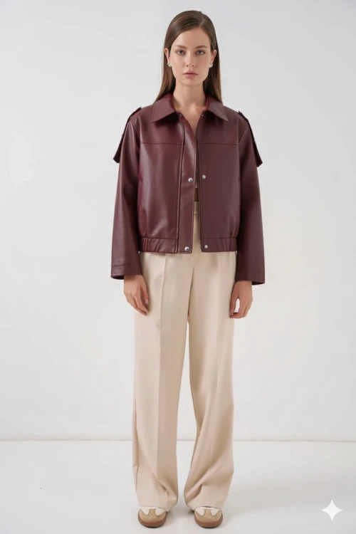 Kadın Bordo Oversize Fermuarlı ve Düğmeli Yandan Cepli Suni Deri Ceket HZL25W-BD110551