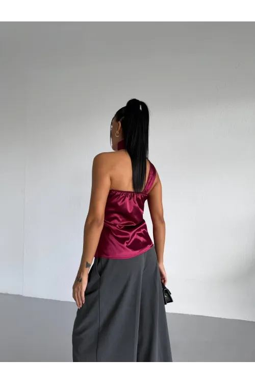 Kadın Bordo Saten Şal Yaka Boyun Bağlamalı Asimetrik Bluz HZL26W-FRY123731
