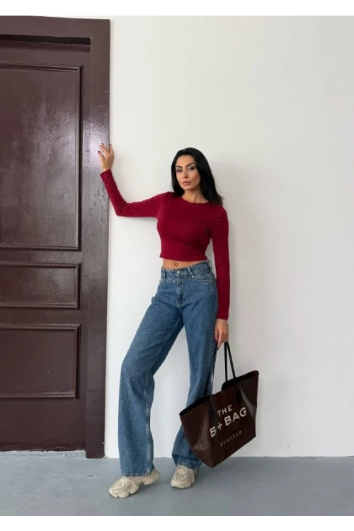 Kadın Bordo Sırt Dekolteli  Uzun Kollu Sandy Bluz HZL25W-FRY123381