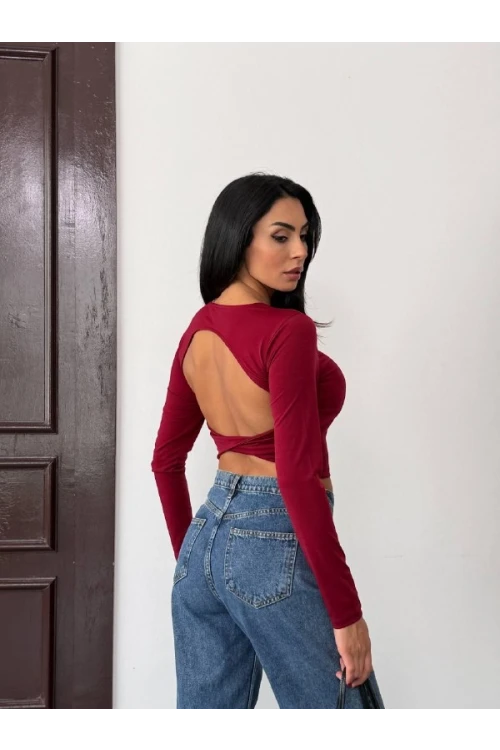Kadın Bordo Sırt Dekolteli  Uzun Kollu Sandy Bluz HZL25W-FRY123381