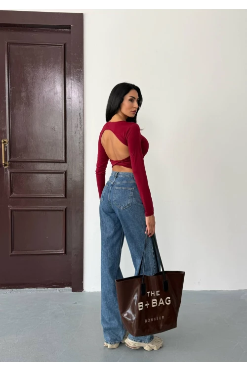 Kadın Bordo Sırt Dekolteli  Uzun Kollu Sandy Bluz HZL25W-FRY123381