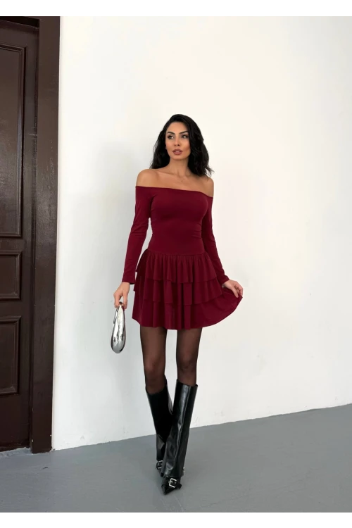 Kadın Bordo Straplez Yaka Kat Kat Etek Detaylı Mini Elbise HZL25W-FRY123581