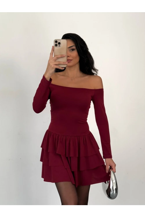 Kadın Bordo Straplez Yaka Kat Kat Etek Detaylı Mini Elbise HZL25W-FRY123581
