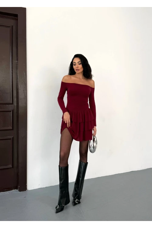 Kadın Bordo Straplez Yaka Kat Kat Etek Detaylı Mini Elbise HZL25W-FRY123581