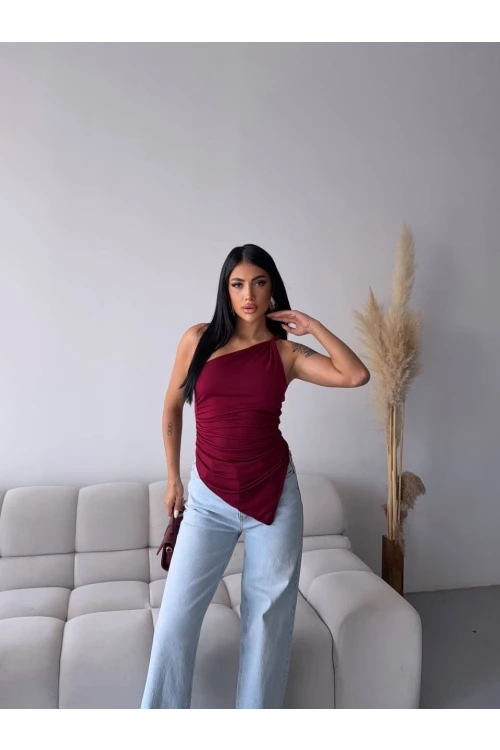 Kadın Bordo Tek Omuz Asimetrik Kesim Sandy Bluz HZL25S-FRY123241