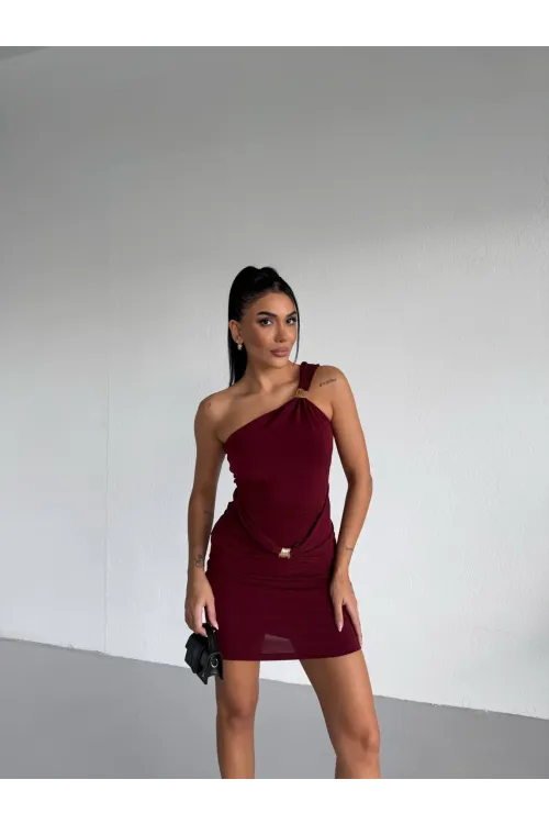 Kadın Bordo Tek Omuz Gold Aksesuarlı Sandy Mini Elbise HZL26W-FRY123781