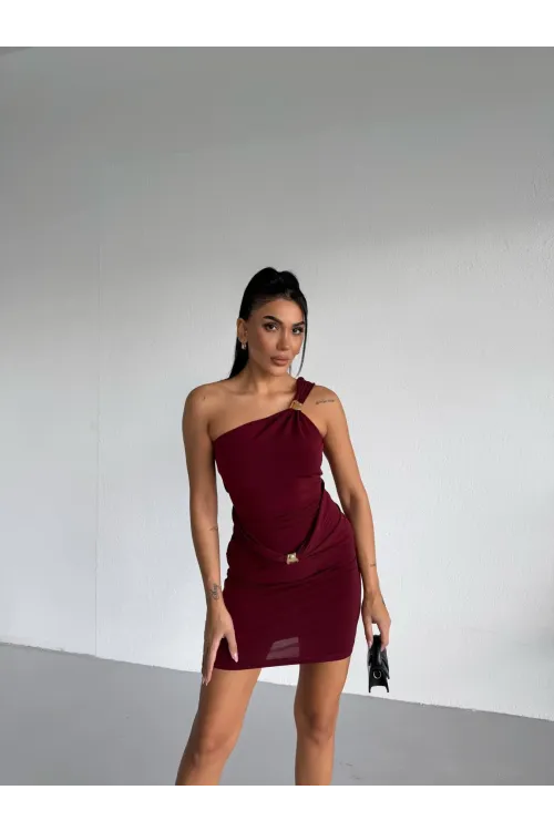 Kadın Bordo Tek Omuz Gold Aksesuarlı Sandy Mini Elbise HZL26W-FRY123781