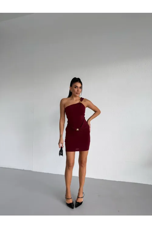 Kadın Bordo Tek Omuz Gold Aksesuarlı Sandy Mini Elbise HZL26W-FRY123781