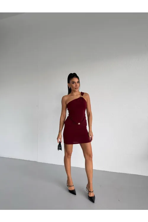 Kadın Bordo Tek Omuz Gold Aksesuarlı Sandy Mini Elbise HZL26W-FRY123781