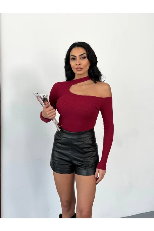 Kadın Bordo Tek Omuz Yırtmaç Detaylı Uzun Kollu Fitilli Kaşkorse Bluz HZL25W-FRY121531
