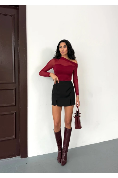 Kadın Bordo Tül Garnili Uzun Kol Şık Rahat Bluz HZL25W-FRY123541