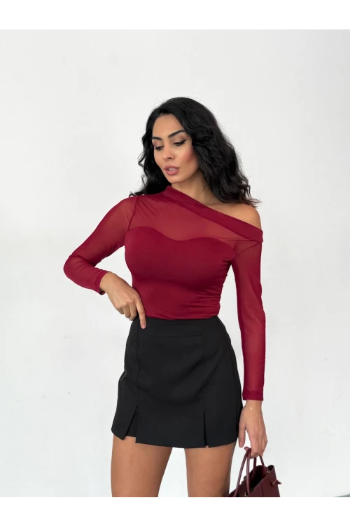 Kadın Bordo Tül Garnili Uzun Kol Şık Rahat Bluz HZL25W-FRY123541