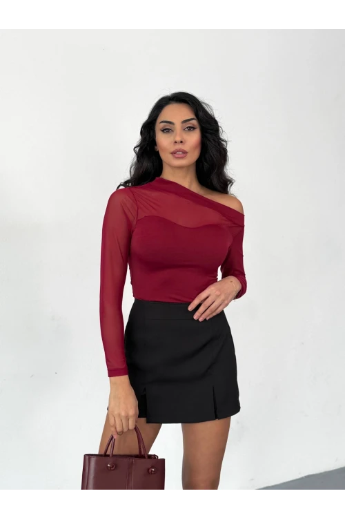 Kadın Bordo Tül Garnili Uzun Kol Şık Rahat Bluz HZL25W-FRY123541