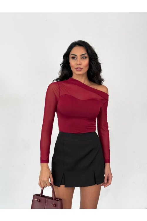 Kadın Bordo Tül Garnili Uzun Kol Şık Rahat Bluz HZL25W-FRY123541