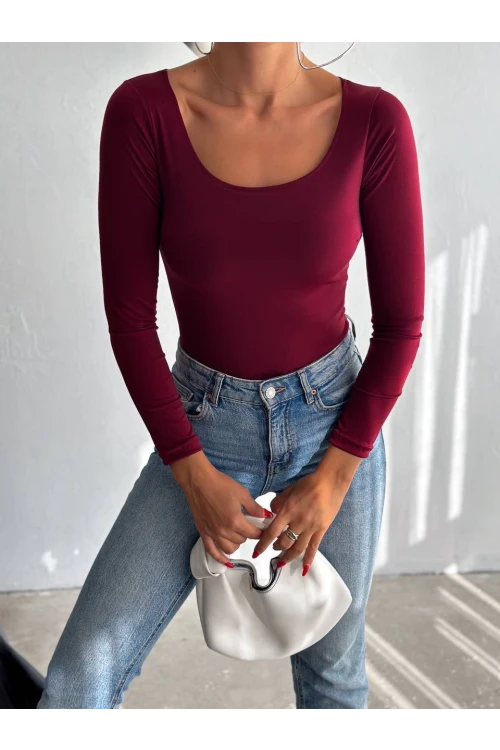 Kadın Bordo U Yaka Uzun Kollu Sandy Bluz HZL25S-FRY122471