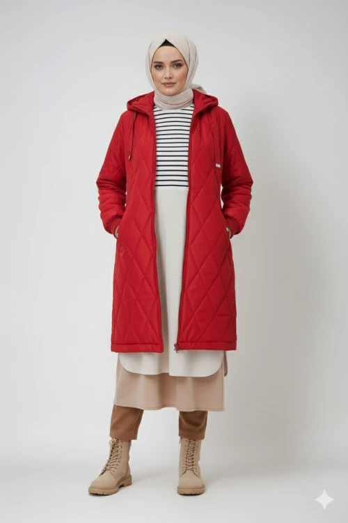 Kadın Bordo Uzun Kapitone Astarlı Şişme Tesettür Mont HZL25W-BD151381