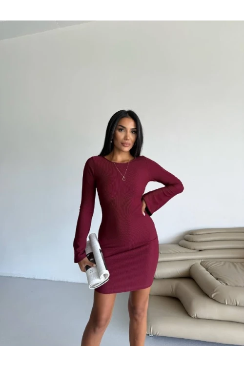 Kadın Bordo Uzun Kol Ottomon Kumaş Elbise HZL25W-FRY123341