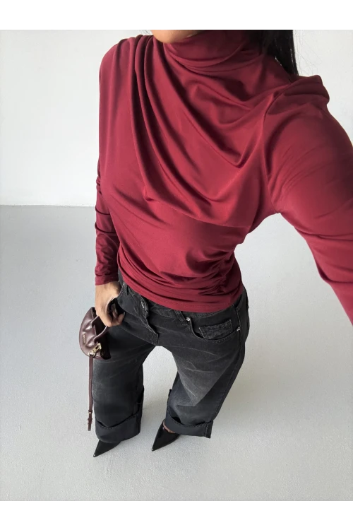 Kadın Bordo Uzun Kollu Drape Detaylı Boğazlı Sandy Bluz HZL25W-FRY123301