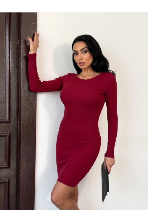 Kadın Bordo Uzun Kollu İp Bağlamalı Sırt Dekolteli Kaşkorse Mini Elbise HZL25W-FRY120411