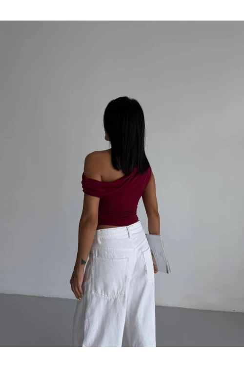 Kadın Bordo Yandan Drapeli Kayık Yaka Sandy Bluz HZL25S-FRY123201