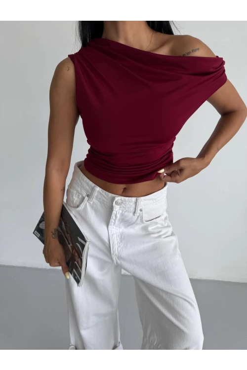 Kadın Bordo Yandan Drapeli Kayık Yaka Sandy Bluz HZL25S-FRY123201