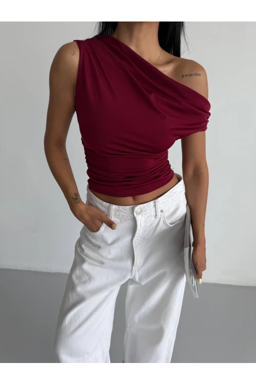 Kadın Bordo Yandan Drapeli Kayık Yaka Sandy Bluz HZL25S-FRY123201