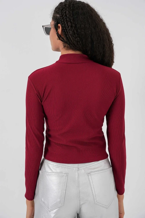 Kadın Bordo Yarım Balıkçı Önü Taşlı Body HZL25W-BD19221